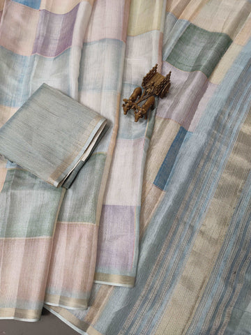 Blue Pastel Blocks Radiant Satin Saree CSB1